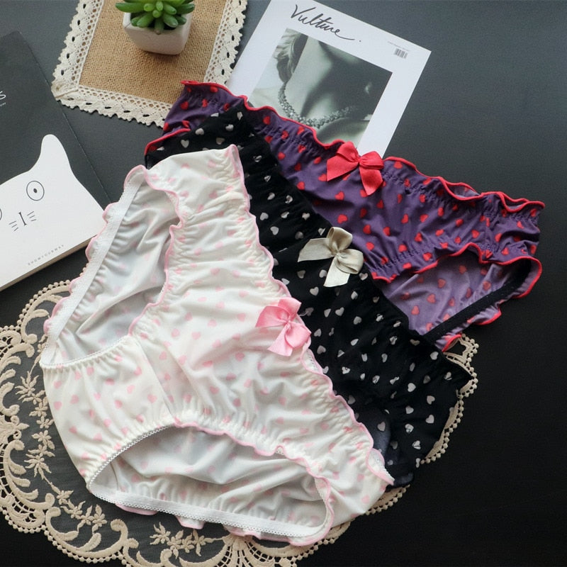 Japanese Girl Love Printing Hip Nylon Ice Silk Underwear Women Low Waist Hollow Ladies Briefs Underwear Women Cute