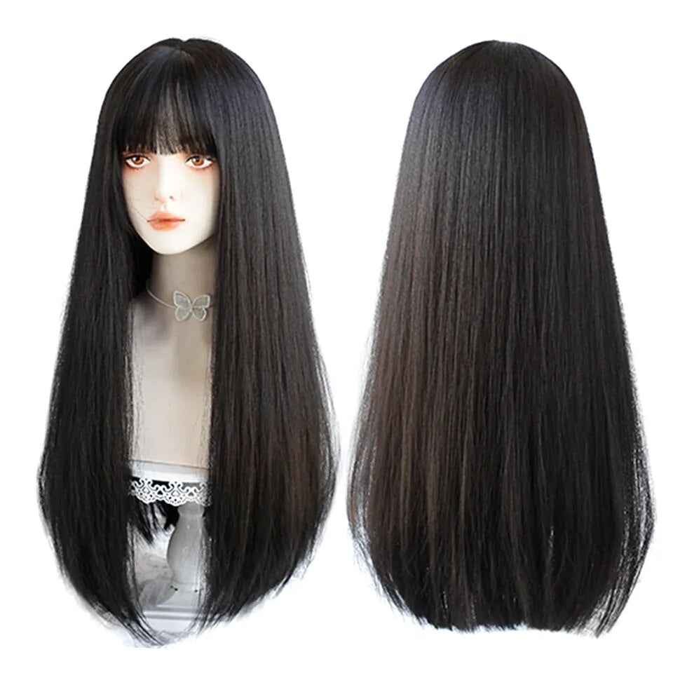 HOUYAN Black Long Straight Hair Synthetic Wig Female Black Anime Bangs Party Wig Cosplay Lolita Wig