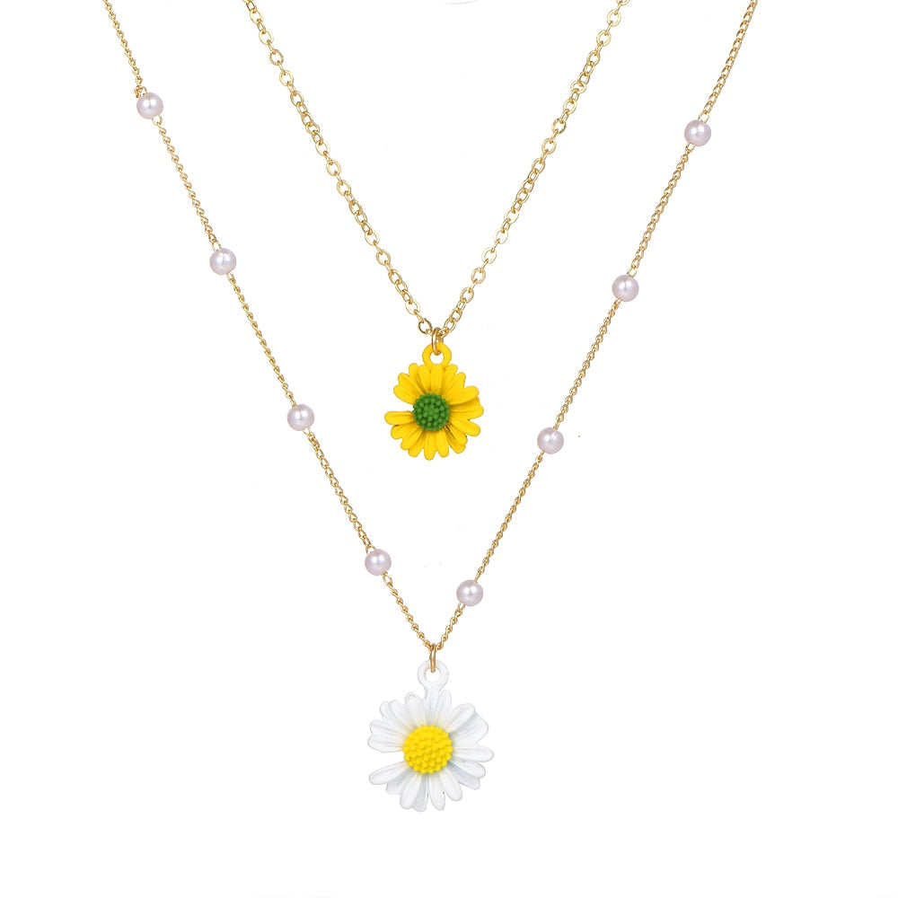 Gold Color Layered Flower Pendant Necklace Women Bohemian Small Daisy Pearl Chain Collar Necklace Female Jewelry Gifts