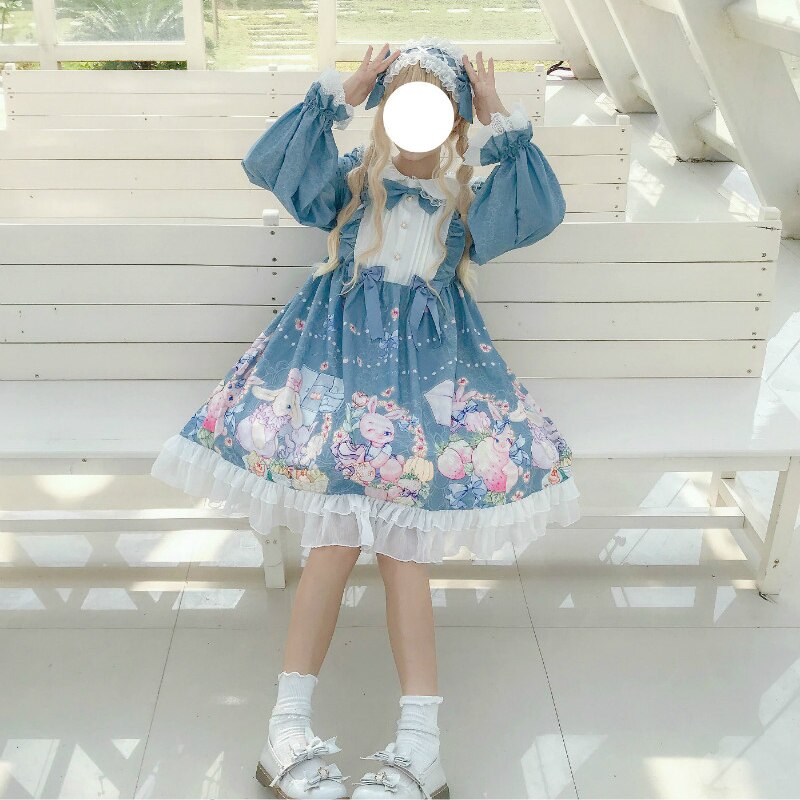 Gothic lolita daily dress cute rabbit soft sister Japanese OP long-sleeved victorian Kawaii Sweet dress girl autumn winter