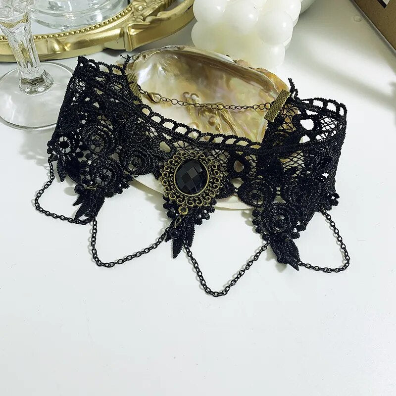 Party Jewelry Gothic Black Beaded Flowers Lace Neck Choker Necklace Vintage Tassel Chain Women Steampunk Halloween Jewelry