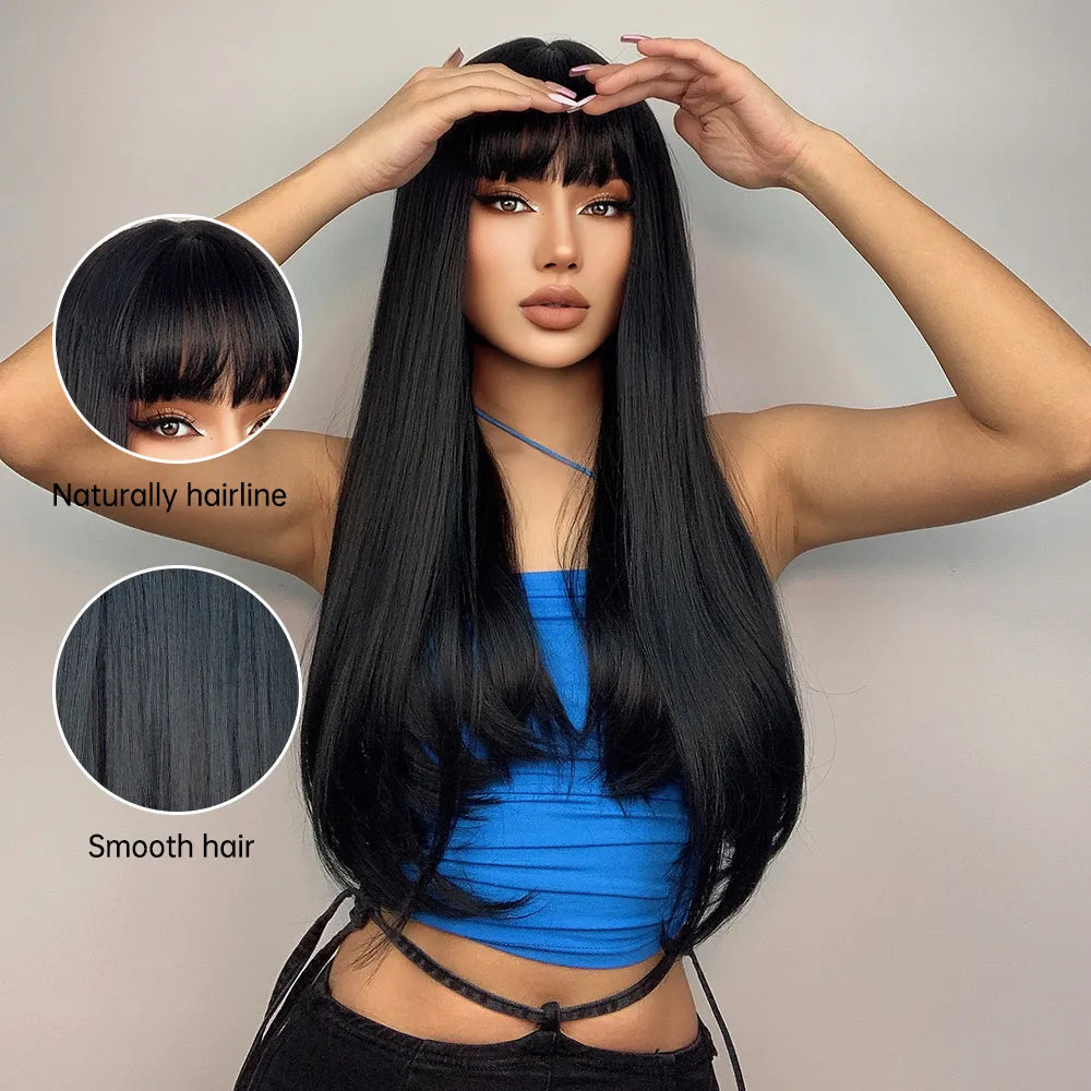 Long Straight Synthetic Wig with Bangs Dark Black Gray Hair Wigs for Women Cosplay Natural Hair Heat Resistant Layered Wigs
