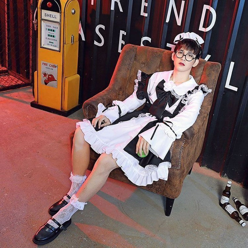 Women Maid Outfit Lolita Cosplay Cute Kawaii Cafe Costume Black White Men Uniform Apron Dress Cute Bowknot Mucama