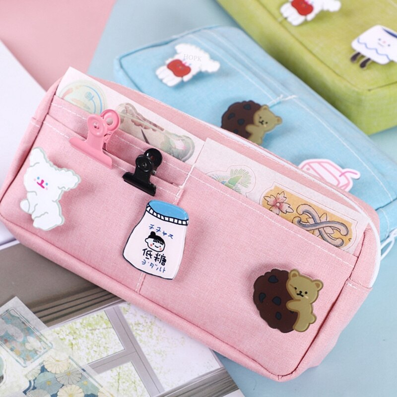 Kawaii Purple Canvas Pencil Case Cute Animal Badge Pink Pencilcases Large School Pencil Bags For Maiden Girl Stationery Supplies