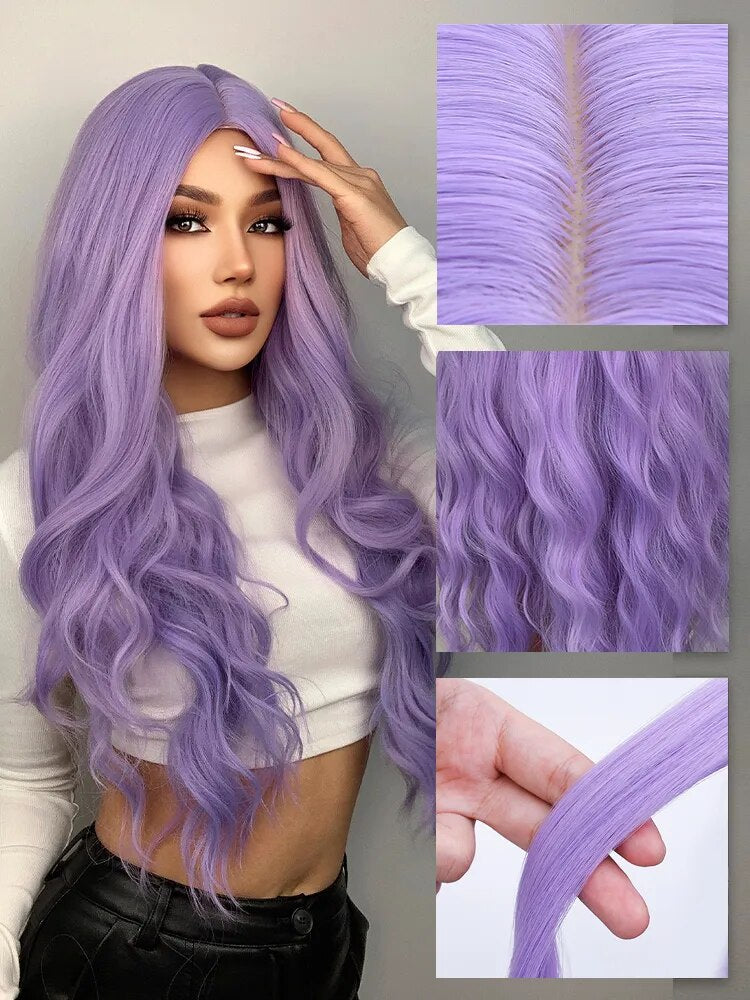 Purple Body Wave Synthetic Wigs For Women Long Ombre Cosplay Party Colorful Wig Natural Hair Heat Resistant Pelucas De Mujer