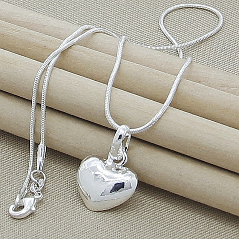 hot sale 925 Stamp Silver color Solid Heart Necklace 18-30 Inch Snake Chain For Women Girl Wedding Charm Fashion Jewelry luxury