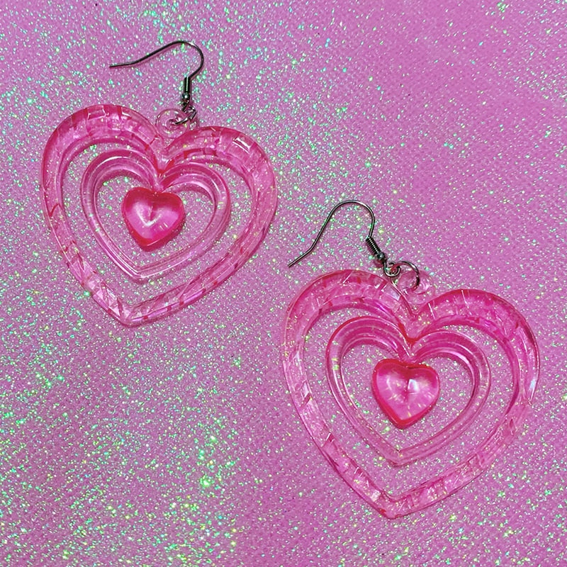 Y2K Earrings Pink Hollowout Heart Earrings Korean Fashion Kawaii Aesthetic Harajuku DIY Love Earrings for Women 2000s Jewelry