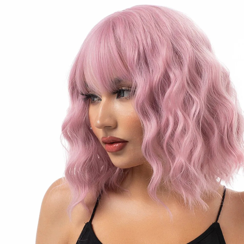 Synthetic Pastel Wavy Wig With Bangs Ladies Short Style Pink Wig Role Play Suitable For Girls Daily Use Wig