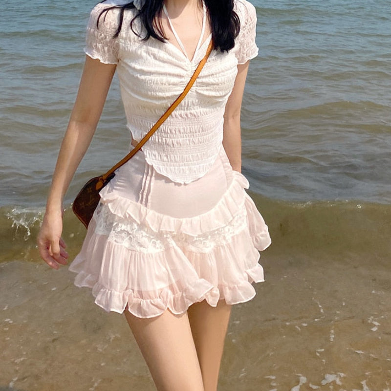 HOUZHOU Kawaii Cute Ruffle Skirt Women Pink Lolita High Waist Lace Patchwork Fairycore Mesh A-line Mini Skirt Summer Mori Girl