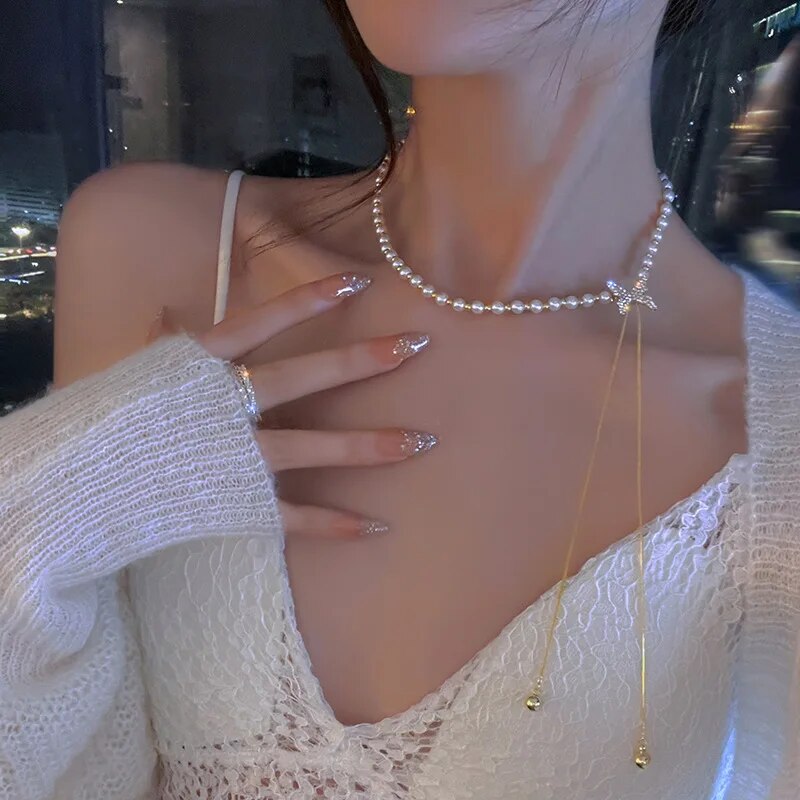 New Long Tassel Pearl Chain Rhinestone Butterfly Necklace For Women Personalized Fashion Necklace Wedding Jewelry Birthday Gifts