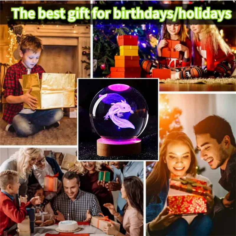 3D Axolotl Laser Engraved Crystal Ball Coloured Night Light Girlfriend Classmate Wife Children Birthday Gift Home Decoration