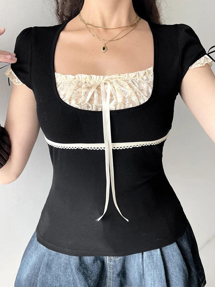 Y2k Lace Trim Crop Top Bow Cute Sweet Square Neck Tee Short Sleeve Harajuku Casual T Shirt Women Prepply Retro Korean Top Summer