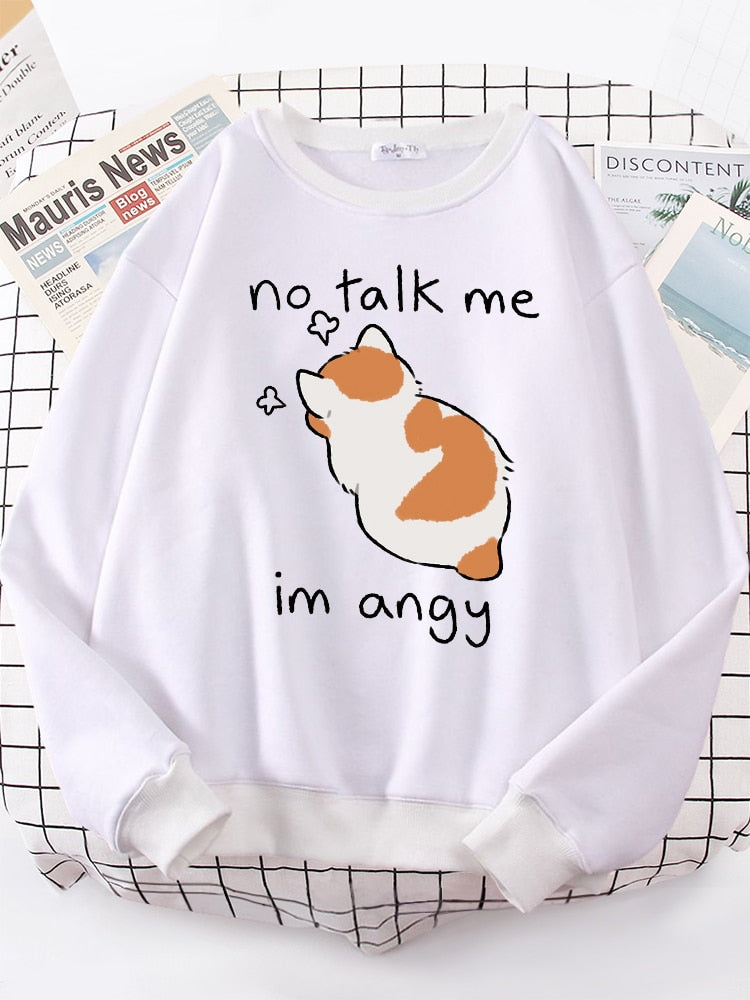 Female Sweatshirts No Talk Me Cute Angy Cat Print Top Women Harajuku Oversize Long-Sleeve Kawaii Animal New Lady Sweatshirt