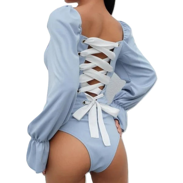 Sweet Lace-Up Corset Bodysuit Ruffled Sleeves Be a Precious Present