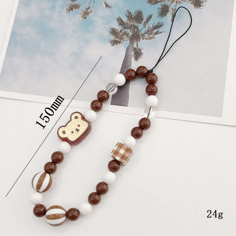 New Acrylic Cute Bear Mobile Phone Strap Lanyard Pearl Cellphone Rope Bow Flower Charm Phone Chain LOVE Jewelry Accessories
