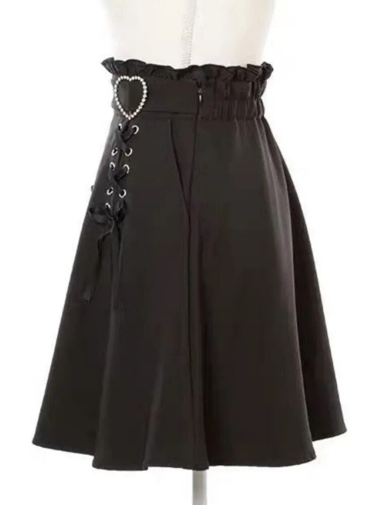 Y2k Aesthetic Harajuku Style Sweet Girl High Waist Mini Bandage Skirt Slim Women Solid Streetwear Gothic Jk Saia Feminina