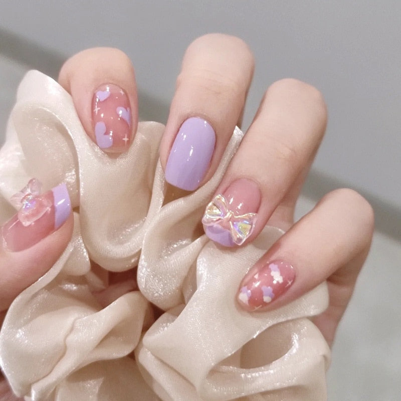 24Pcs Pink Ballet False Nails Long Coffin with Rhinestone Love Heart Wearable Fake Nails Full Cover Press on Nails Tips Glitter