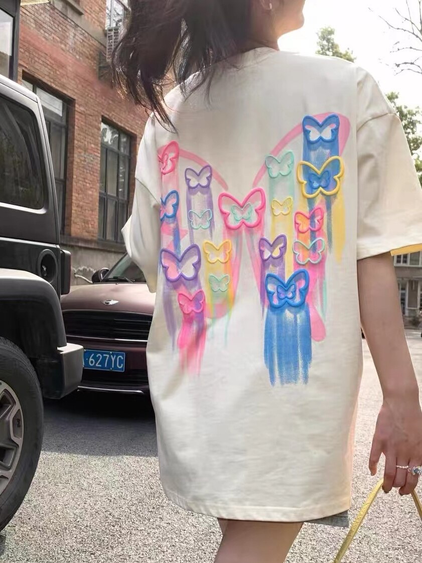 Deeptown Harajuku Fashion Graphics T Shirt Women Korean Kawaii Butterfly Print Tops Female Sweet Girl Cute Cotton Tees Summer