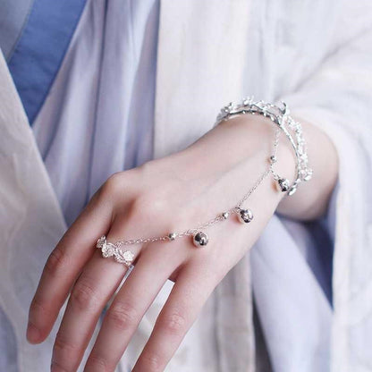 Vintage Punk Butterfly Tassel Chain Ring With Bracelet Link Wrist Chain Finger Rings For Women Flower Pearl Zircon Ring Jewelry