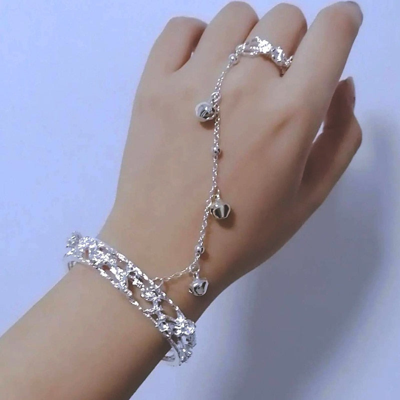Vintage Punk Butterfly Tassel Chain Ring With Bracelet Link Wrist Chain Finger Rings For Women Flower Pearl Zircon Ring Jewelry
