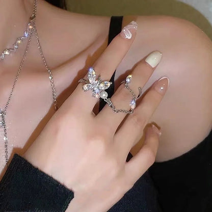 Vintage Punk Butterfly Tassel Chain Ring With Bracelet Link Wrist Chain Finger Rings For Women Flower Pearl Zircon Ring Jewelry