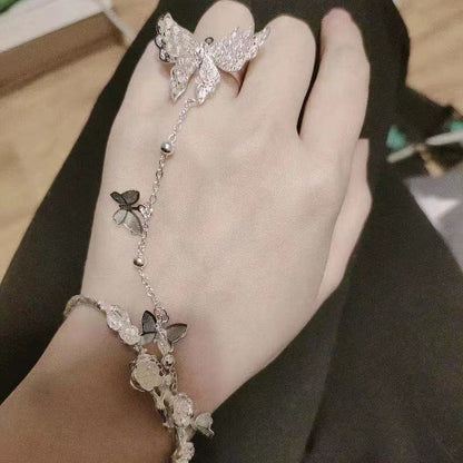 Vintage Punk Butterfly Tassel Chain Ring With Bracelet Link Wrist Chain Finger Rings For Women Flower Pearl Zircon Ring Jewelry