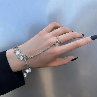 Vintage Punk Butterfly Tassel Chain Ring With Bracelet Link Wrist Chain Finger Rings For Women Flower Pearl Zircon Ring Jewelry