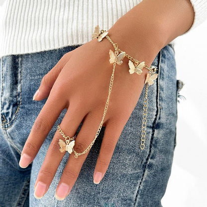 Vintage Punk Butterfly Tassel Chain Ring With Bracelet Link Wrist Chain Finger Rings For Women Flower Pearl Zircon Ring Jewelry