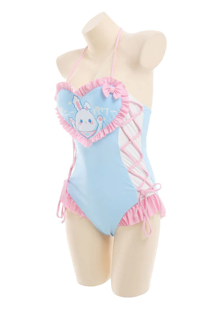 Happy Bunny Ruffled Corset Adult Women's Onesie Swimsuit & Romper