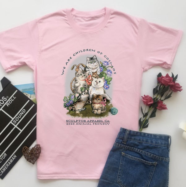 sunfiz Kawaii The Kitten Club Women T Shirt Streetwear White Cotton Short Sleeve Femme Oversized Graphic Tee Cute Grunge Tops