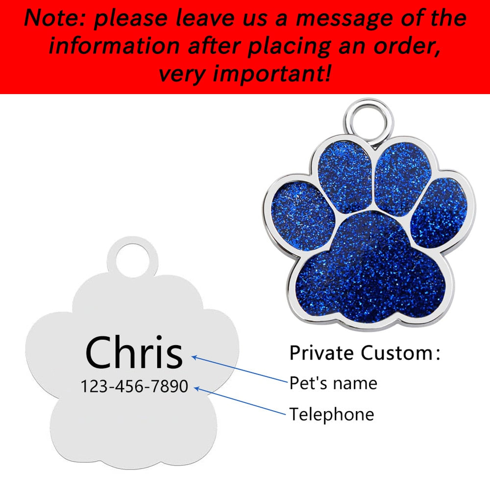 Personalized Dog Cat Tags Engraved Cat Dog Puppy Pet ID Name Collar Tag Pendant Pet Accessories Paw Glitter Pendant