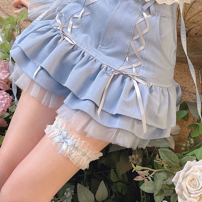 Elegant Pastel Blue Lace Mini Skirt Women's Kawaii Fashion