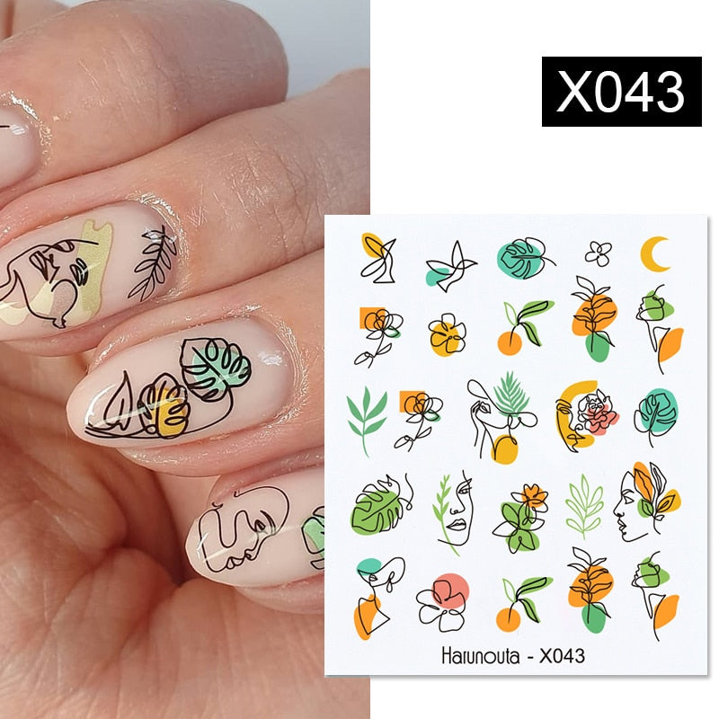 Harunouta Black Lines Flower Leaves Water Decals Stickers Floral Face Marble Pattern Slider For Nails Summer Nail Art Decoration