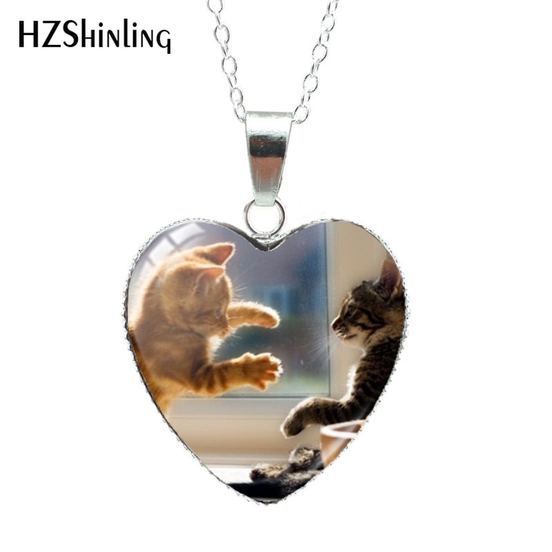 Cartoon Cats Patten Heart Shaped Glass Dome Necklace Fashion Cute Animal Handmade Crafts Jewelry