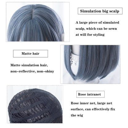 HOUYAN Long straight hair synthetic wig lady powder white bangs gray blue mixed color gradient cosplay lolita wig heat-resistant