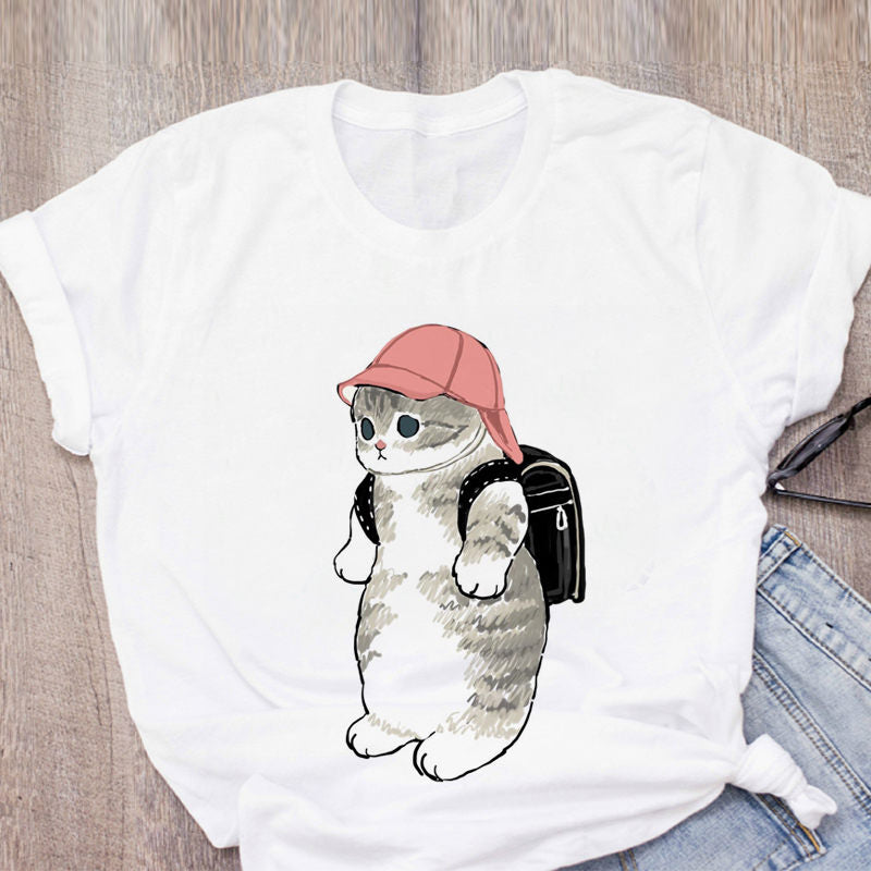 Women T-shirt Cute Cat Funny Cartoon T-shirt Harajuku Graphic Ulzzang T-shirt 90s Print T-shirt Fashion Aesthetic Top Tee Female