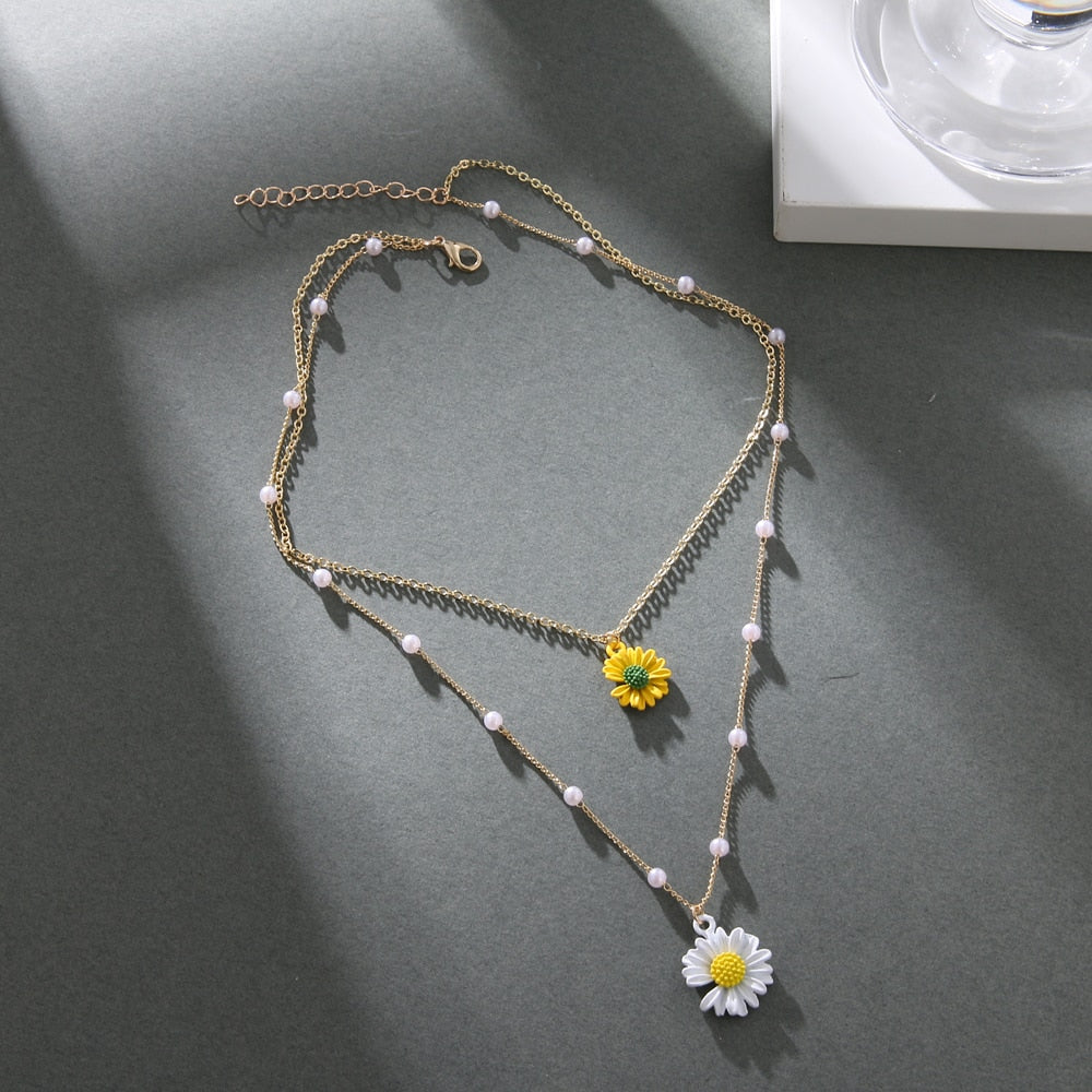 Gold Color Layered Flower Pendant Necklace Women Bohemian Small Daisy Pearl Chain Collar Necklace Female Jewelry Gifts