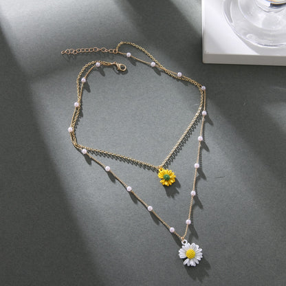 Gold Color Layered Flower Pendant Necklace Women Bohemian Small Daisy Pearl Chain Collar Necklace Female Jewelry Gifts