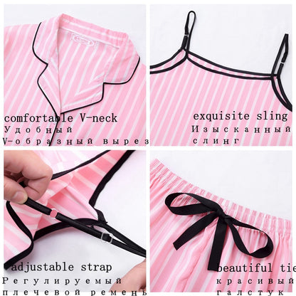 JULY'S SONG Pink 7 Pieces Women's Pajamas Sets Faux Silk Striped Pyjama Women's Pajamas Sleepwear Sets Spring Summer Homewear