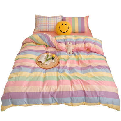 Kawaii Fashion Rainbow Bedding Set 100% Cotton Flat Bed Sheet And Pillowcases Luxury Korean Style Princess Full Queen Bed Sets