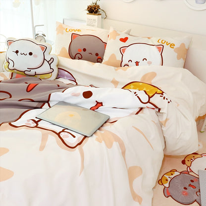 4Pcs Set Kawaii Cat Bed Sheet Cotton Bedding Set Soft Comforter Cover Twin Full Queen Size For Girls Bed Sheets and Pillowcases