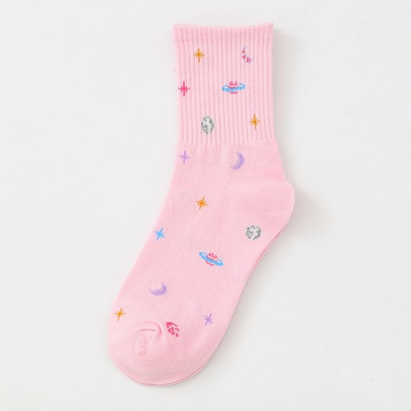 Harajuku Moon Stars Socks Women Funny Socks Cotton Japanese Creative Warm Cute Novelty Casual Streetwear Pink Korean Hot 35-40