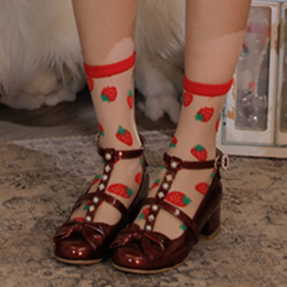 Lolita strawberry socks summer breathable jk cute girls crystal tube sock card stockings woman