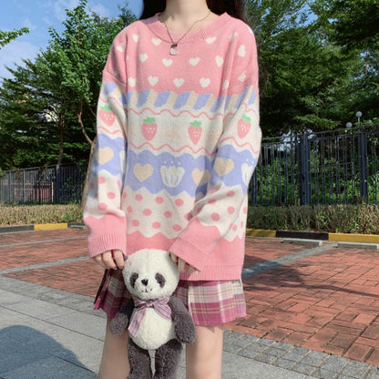 Japanese Kawaii Knitting Sweater Women Cute Strawberry Printing Long Sleeve Pullover New Autumn Winter Vintage Pink Knitting Top