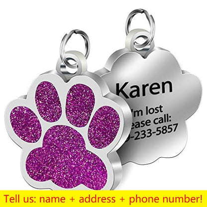 Personalized Dog Cat Tags Engraved Cat Dog Puppy Pet ID Name Collar Tag Pendant Pet Accessories Paw Glitter Pendant