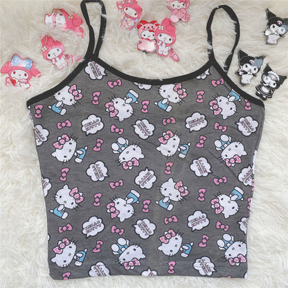 Hello Kitty Sling Cute Fashion Tight Vest Top New Self Cultivation Printed Bottoming Shirt Female Y2k Sling T Shirt