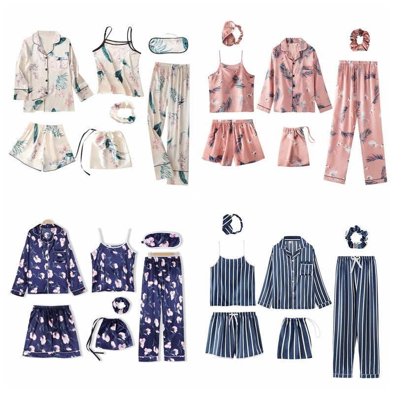 JULY'S SONG Pink 7 Pieces Women's Pajamas Sets Faux Silk Striped Pyjama Women's Pajamas Sleepwear Sets Spring Summer Homewear