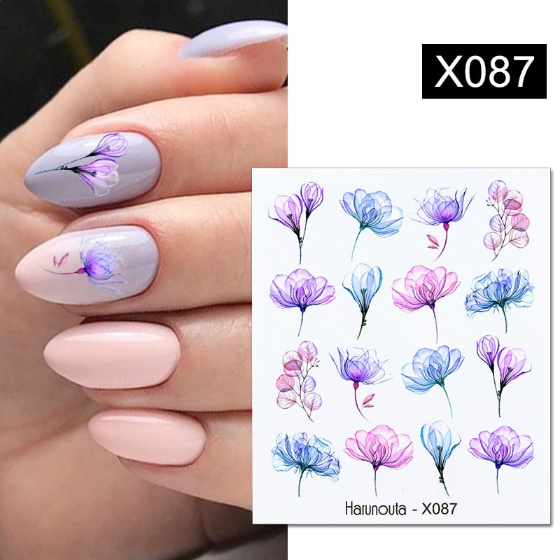 Harunouta Black Lines Flower Leaves Water Decals Stickers Floral Face Marble Pattern Slider For Nails Summer Nail Art Decoration