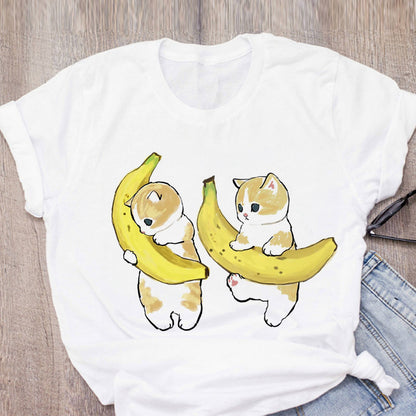 Women T-shirt Cute Cat Funny Cartoon T-shirt Harajuku Graphic Ulzzang T-shirt 90s Print T-shirt Fashion Aesthetic Top Tee Female