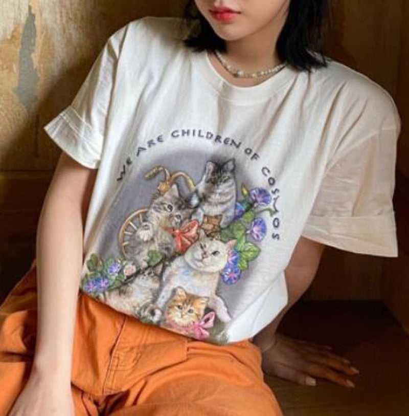 sunfiz Kawaii The Kitten Club Women T Shirt Streetwear White Cotton Short Sleeve Femme Oversized Graphic Tee Cute Grunge Tops